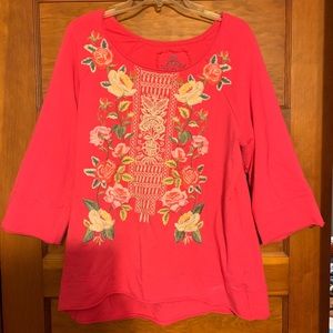 Johnny Was Pink Embroidered 3/4 Sleeve Top